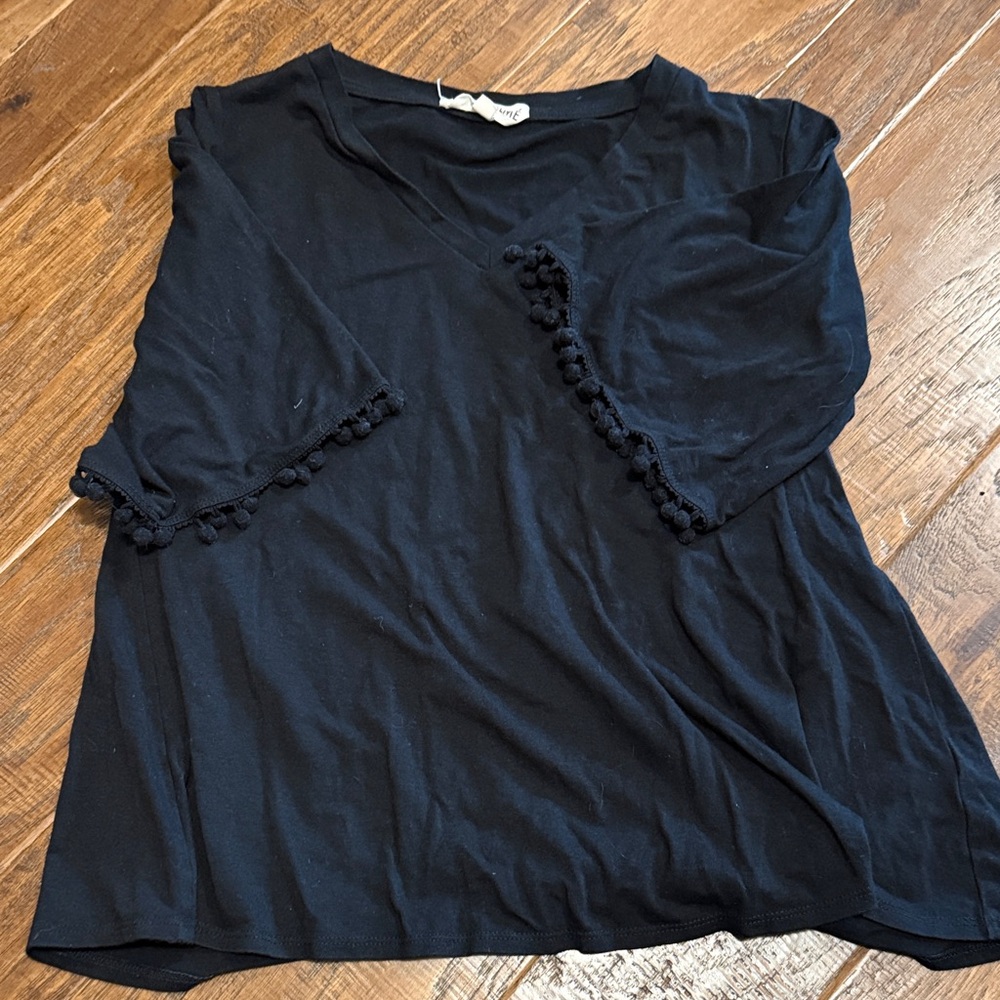 Johnny Was Black Pom-Pom Trim Tee